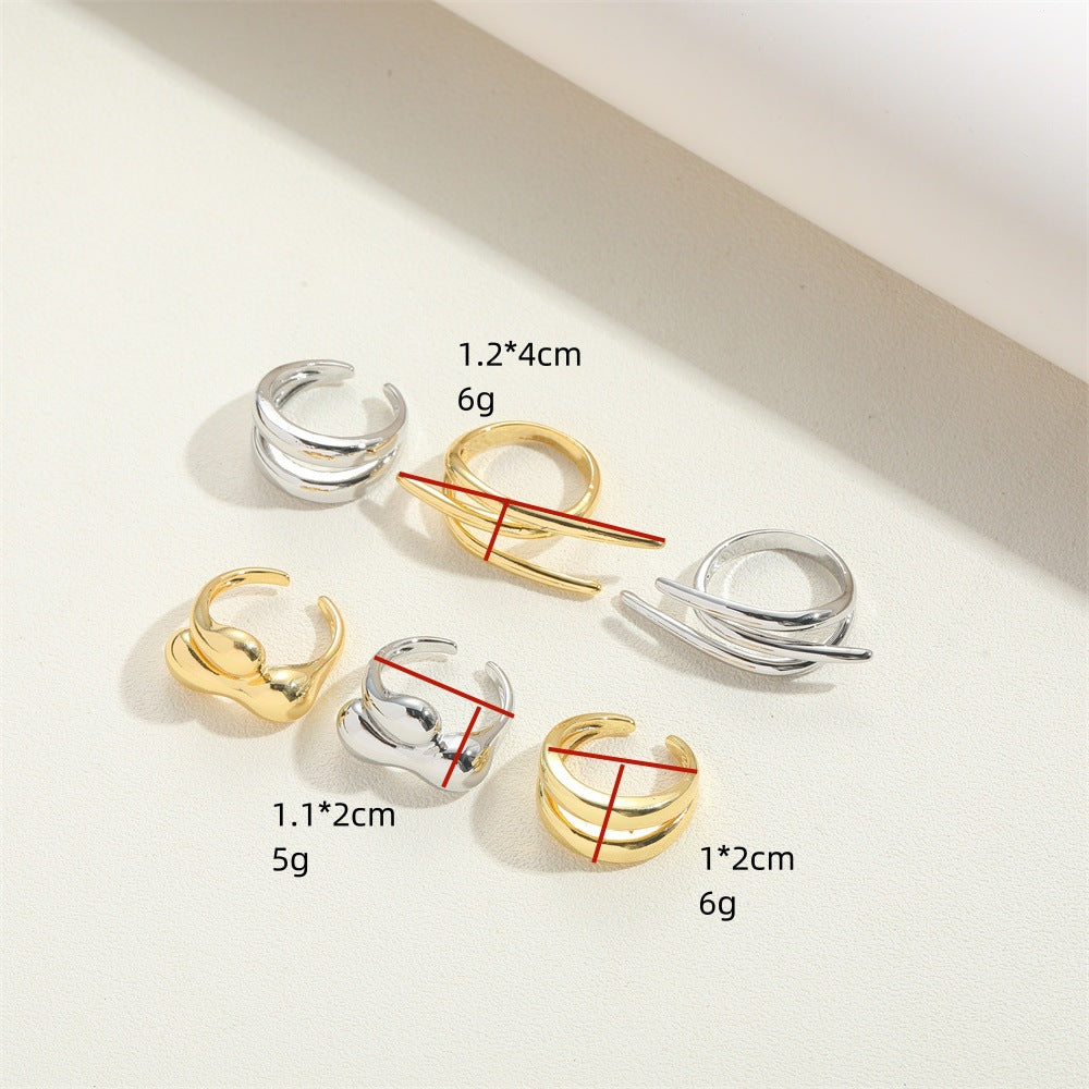 European and American hot-selling copper-plated 14K real gold double-layer simple retro light luxury opening adjustable ring niche ring