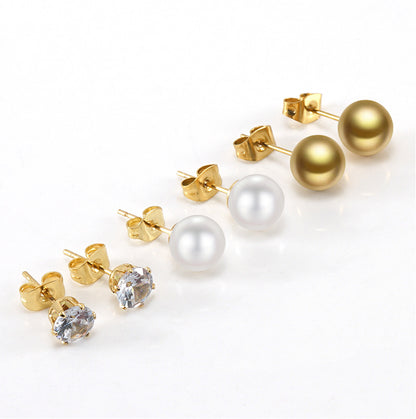 Elegant Geometric Stainless Steel Inlay Artificial Pearls Zircon Ear Studs 1 Pair