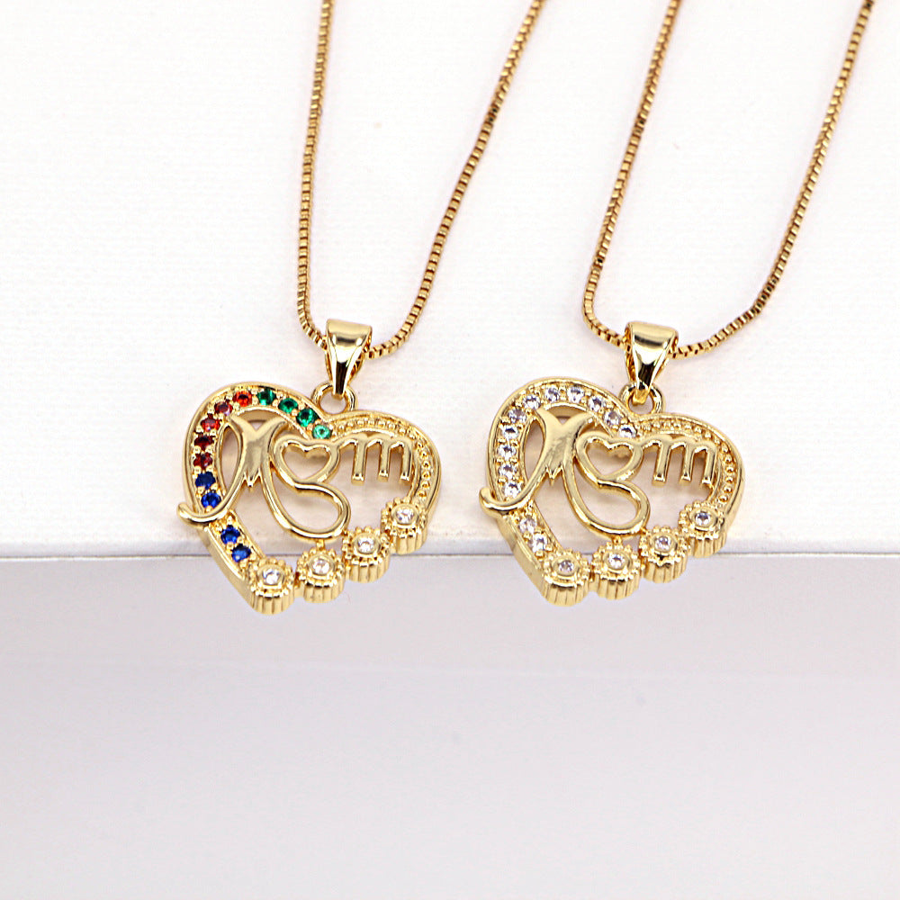 Fashion Letters Mom Hollow Heart-shaped Zircon Pendant Copper Clavicle Chain Jewelry