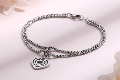 Retro Golden Double-layer Pearl Chain Popular Stainless Steel Multi-layer Heart-shaped Hollow Pendant Bracelet