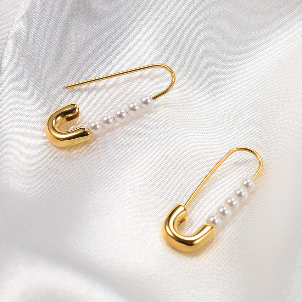 1 Pair Elegant Paper Clip Stainless Steel Inlay Artificial Pearls Earrings