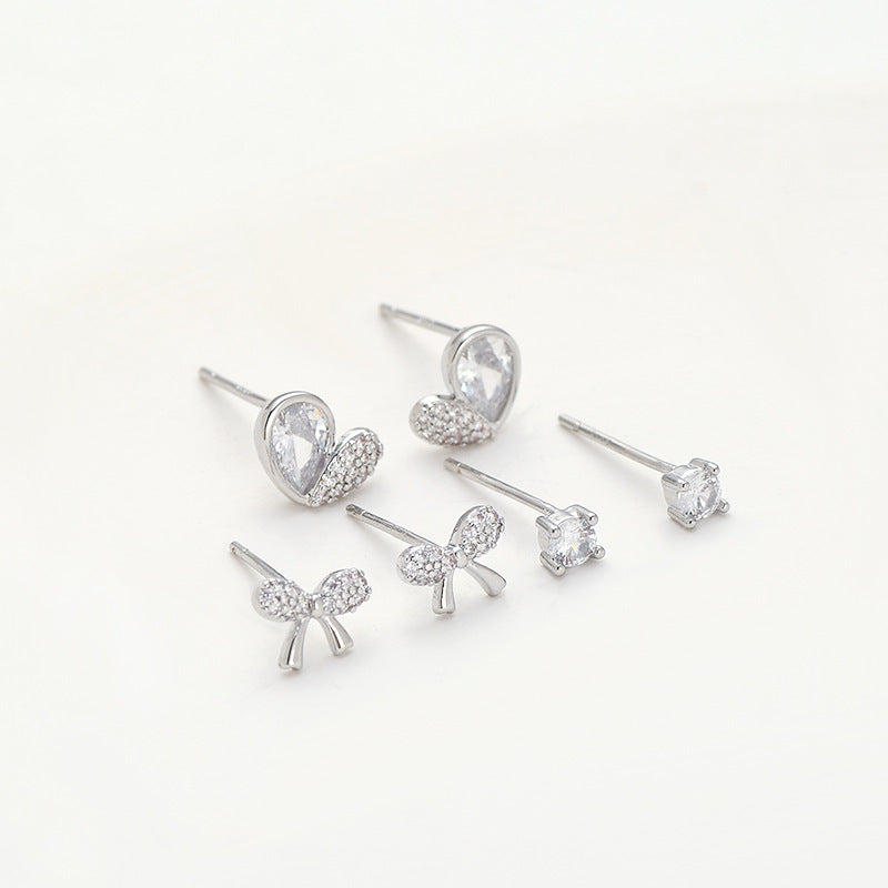 1 Set Simple Style Round Heart Shape Bow Knot Plating Inlay Copper Zircon Ear Studs