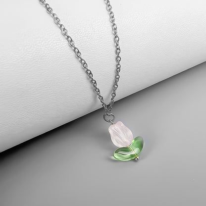 Elegant Flower Stainless Steel Glass Pendant Necklace