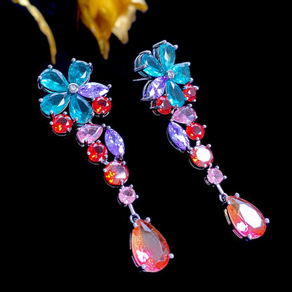 1 Pair Exaggerated Flower Inlay Sterling Silver Copper Zircon Drop Earrings