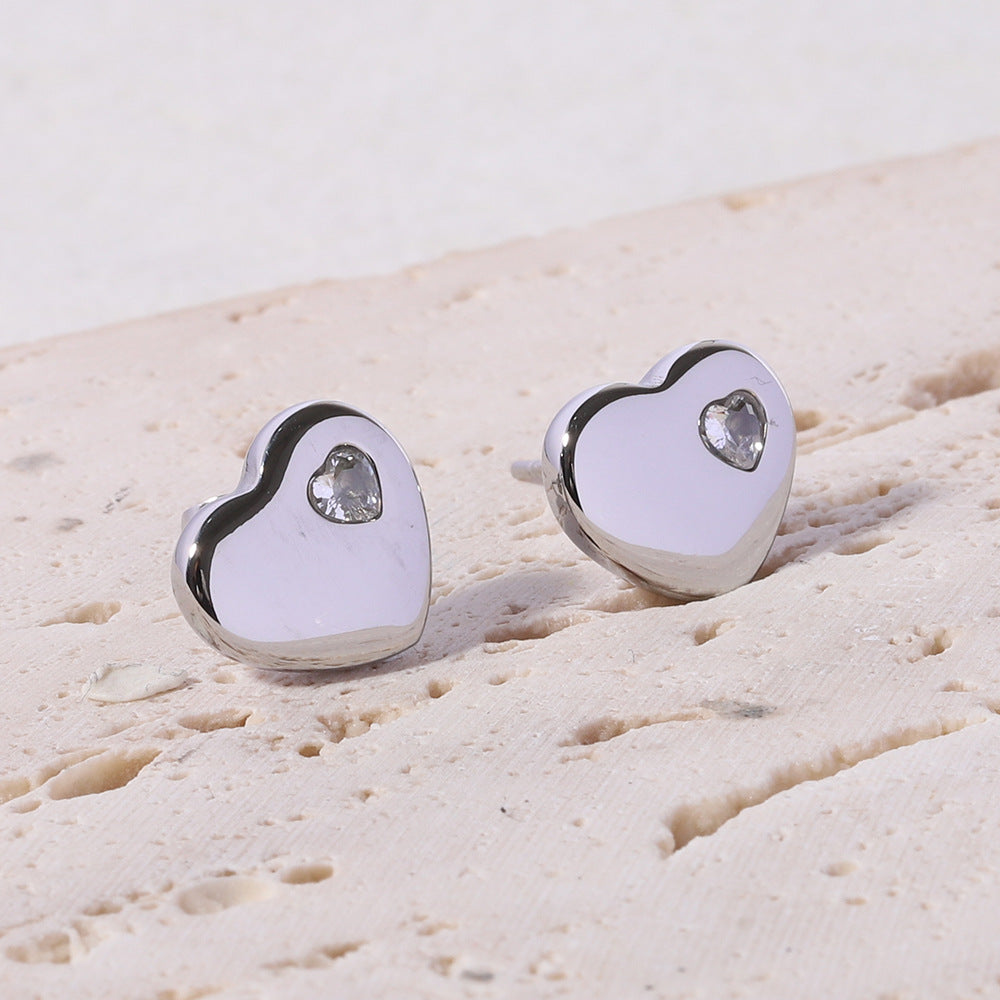 1 Pair Fashion Heart Shape Stainless Steel Plating Zircon Ear Studs