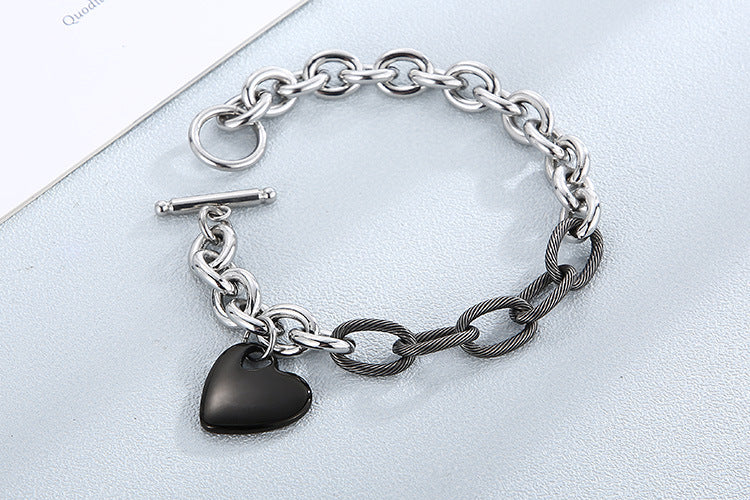 European And American Fashion Jewelry Black Heart-shaped Pendant Stitching Ot Buckle Stainless Steel Bracelet