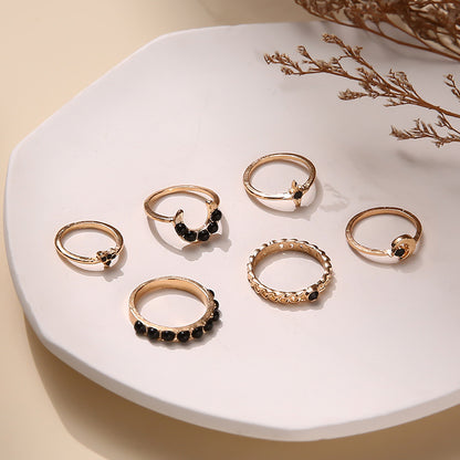 Cross-border New Ring Set Fashion Black Gemstone Star Moon 6-piece Set Joint Ring Finger Ring