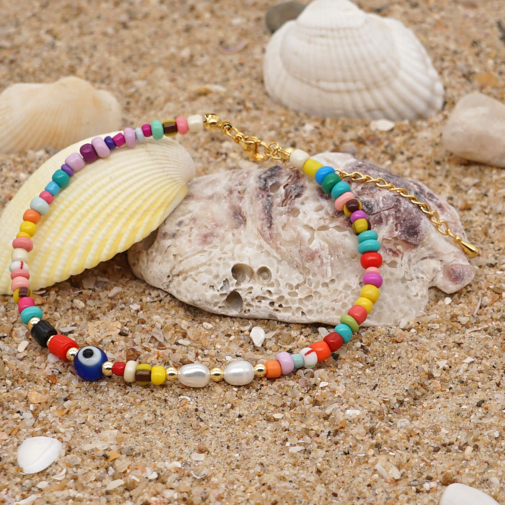 Ethnic Style Rainbow Glass Bead Freshwater Pearl Anklet