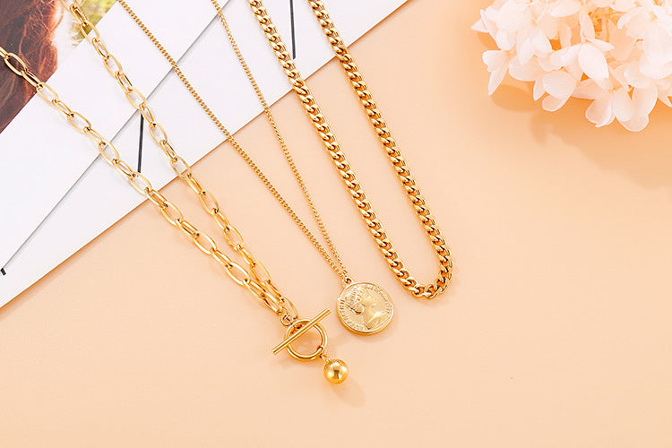 Europe And America Cross Border E-commerce Sweater Chain Personalized Retro Avatar Pendant Three-layer Necklace Trendy Round Beads Ot Buckle Necklace