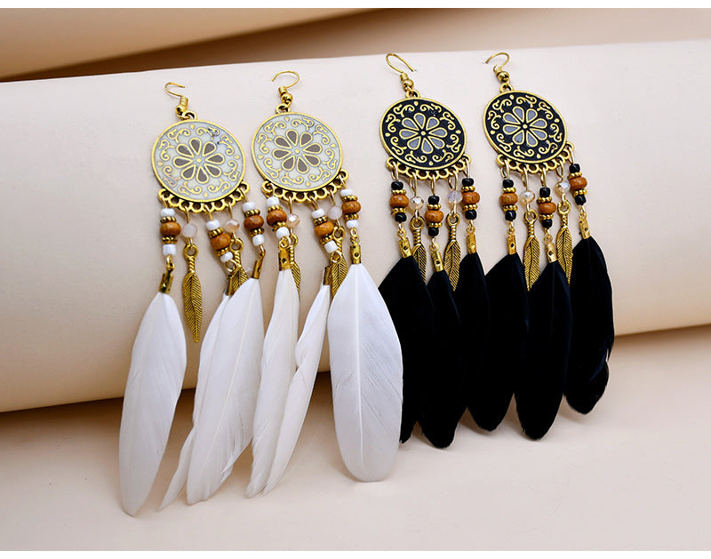 Bohemian Dreamcatcher Alloy Feather Beaded Hollow Out Women's Drop Earrings