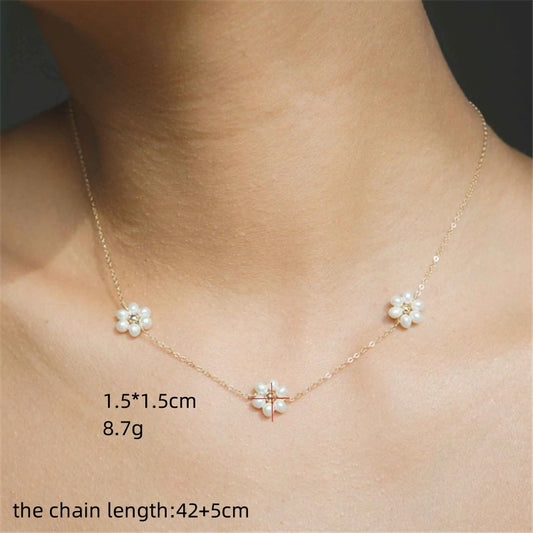 Hot Sale New Freshwater Pearl Necklace European and American style copper plated 14K real gold rice pearl flower necklace