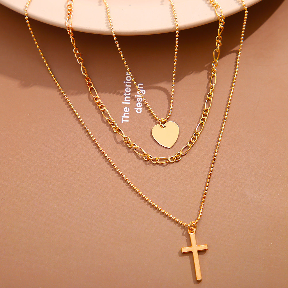 Fashion Cross Heart Shape Alloy Plating Layered Necklaces