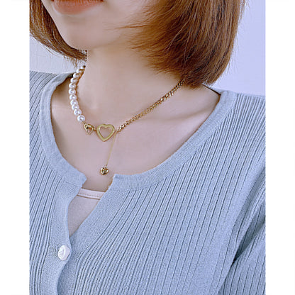 Fashion Heart Pearl Stitching Stainless Steel Necklace Clavicle Chain Wholesale