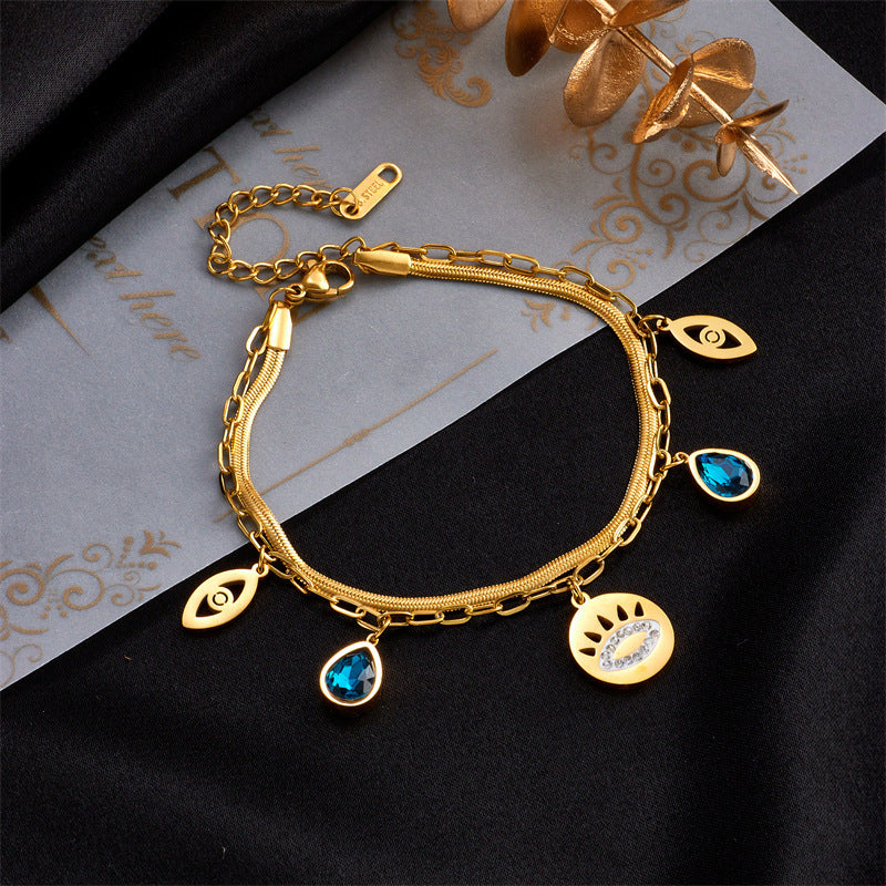 Europe And America Cross Border Fashion Simple Metal Titanium Steel Vintage Blue Diamond Water Drop Hollow Eyes Double Layer Chain Bracelet