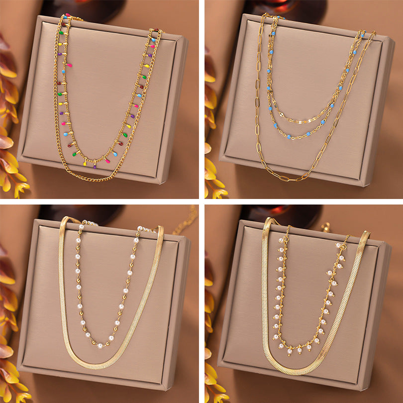 Ig Style Casual Round Titanium Steel Enamel Pearl Plating Layered Necklaces