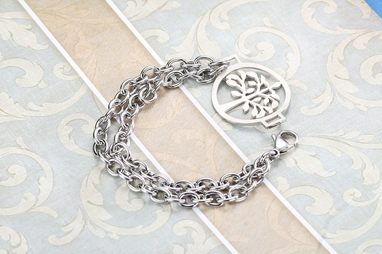 Ladies Stainless Steel Jewelry Double Ring Tree Of Life Pendant Bracelet