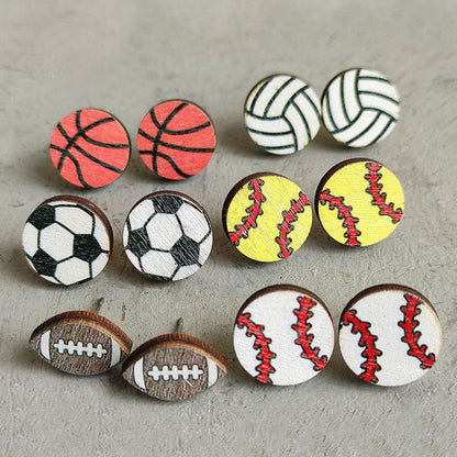 Original Design Basketball Football Wood Women's Ear Studs 1 Pair