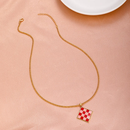 Cross-border New Geometric Square Pendant Necklace Color Dripping Oil Checkerboard Clavicle Chain Necklace