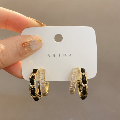 Fashion Zircon Leather C-shaped Double-layer Design Alloy Earrings