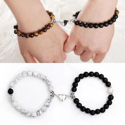 Simple Style Heart Shape Natural Stone Magnetic Material Beaded Knitting Couple Bracelets