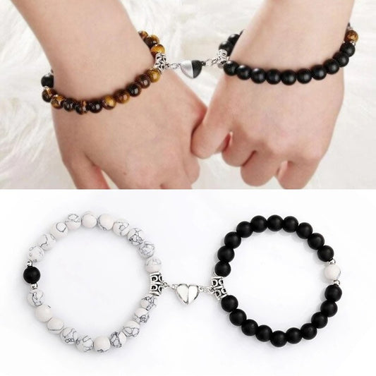 Simple Style Heart Shape Natural Stone Magnetic Material Beaded Knitting Couple Bracelets