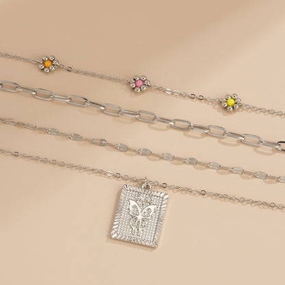 Europe And America Cross Border Ornament Vintage Bead Little Daisy Flower Metal Necklace Simple Geometric Square Plate Hollow Necklace