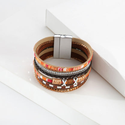 Bohemian Wide-brimmed Color Woven Multilayer Leather Bracelet Wholesale