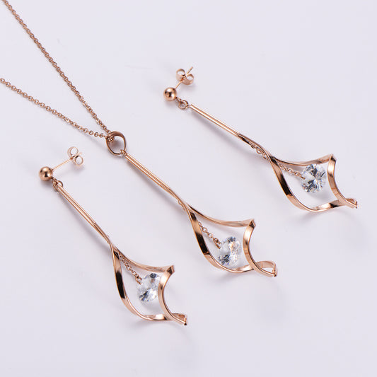 New Geometric Diamond Long Tassel Stainless Steel Earrings Necklace Set