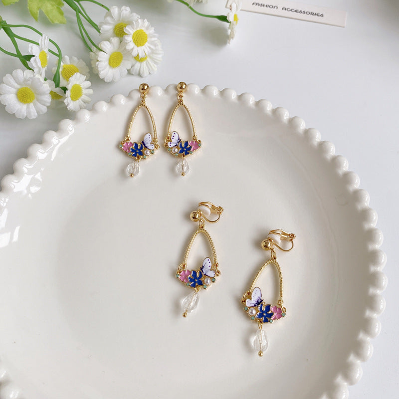 1 Pair Sweet Flower Butterfly Enamel Plating Inlay Alloy Metal Artificial Pearls Drop Earrings