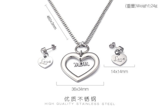 Fashion Titanium Steel Hollow Heart Earrings Necklace Set Wholesale