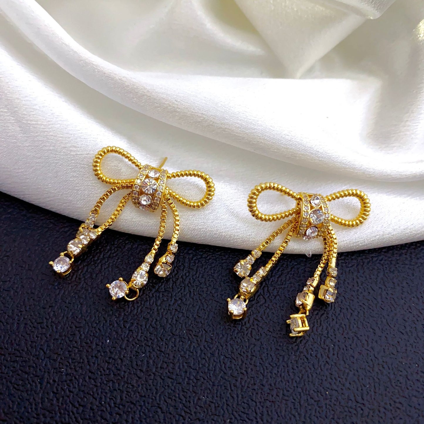 1 Pair Sweet Shiny Bow Knot Plating Inlay Copper Zircon Drop Earrings