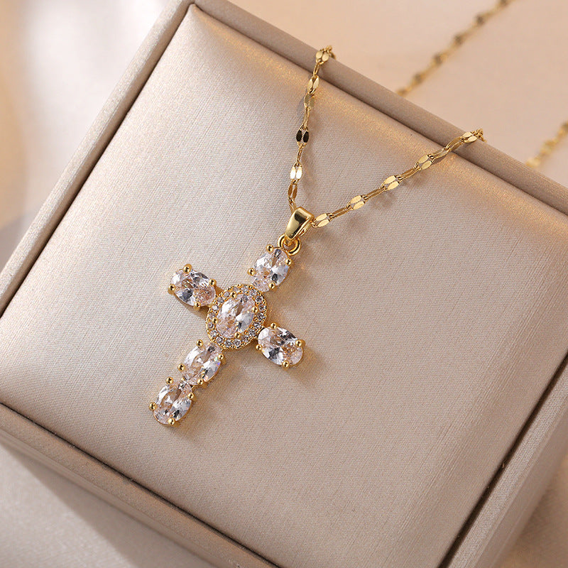 Casual Simple Style Cross Titanium Steel Inlay Zircon Pendant Necklace