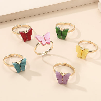 Fashion Colorized Butterfly Simple Mori Style Chic Open Alloy Ring 6-piece Set