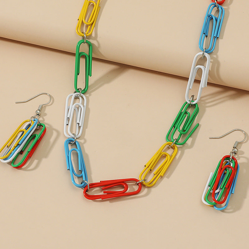 Paint Color Paper Clip Earrings Chain Necklace Set Wholesale Jewelry Gooddiy