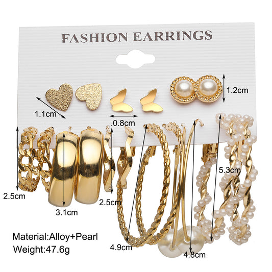 New Earrings Set Creative Simple Earrings Set 9 Pairs Of Butterfly Peach Heart Pearl Earrings
