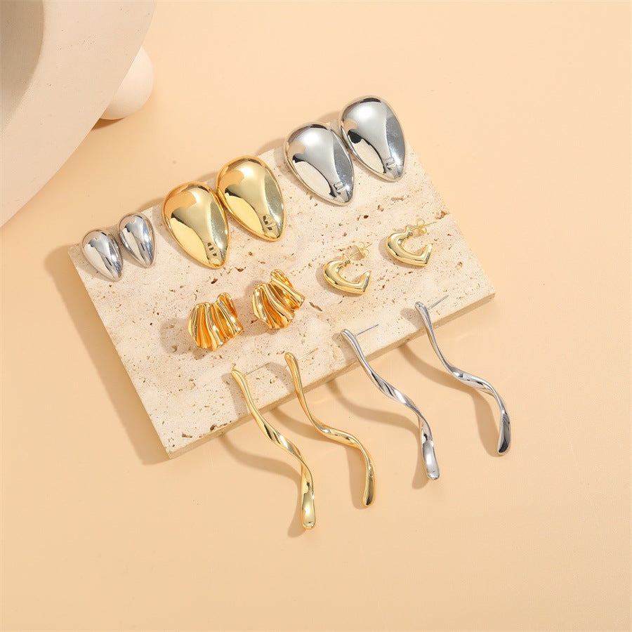 popular glossy polished face earrings female exaggerated design S-shaped bar fan-shaped love stud earrings ornament