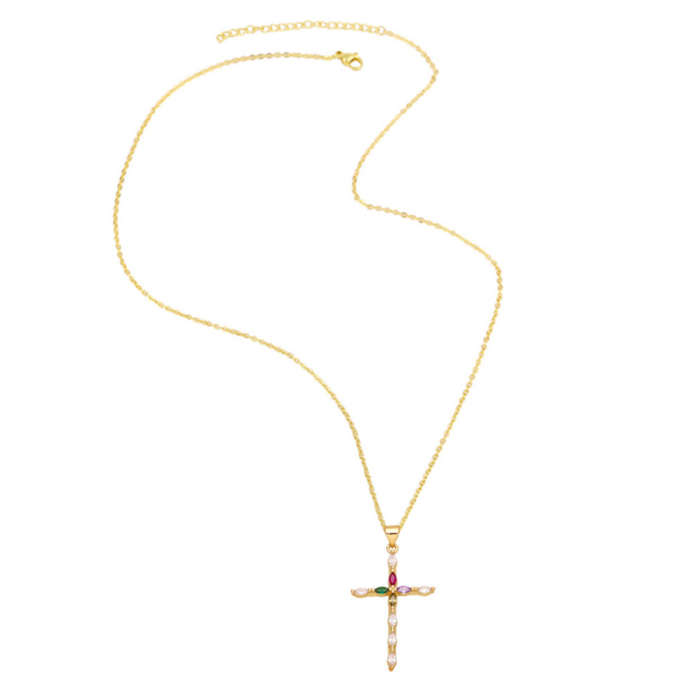 Fashion Zircon Cross Pendant Copper Necklace Simple Accessories