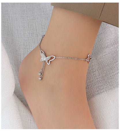 European And American Simple Tassel Butterfly Titanium Steel 18k Real Gold Anklet Wholesale