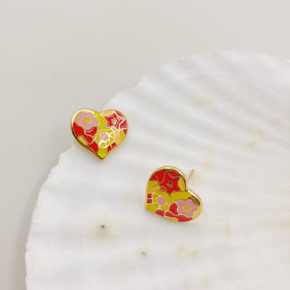 Retro Heart Shape Flower Stainless Steel Ear Studs 1 Pair