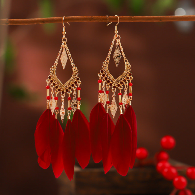 Vintage Fan-shaped Tassel Feather  Long Bohemian Beads Drop Earrings Wholesale