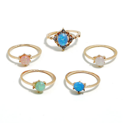 Cross-border New Fashion Candy Color Tail Ring Imitation Inlaid Amber Joint Ring 5-piece Ring Tail Ring