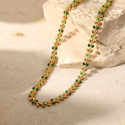 Fashion 18k Gold Green Drop Olive Leaf Women's Stainless Steel Necklace