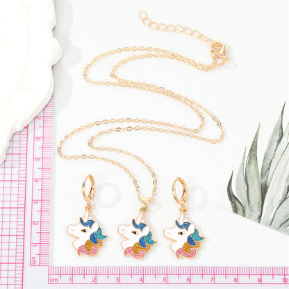 European Jewelry Cute Colorful Glitter Unicorn Necklace Earrings Women