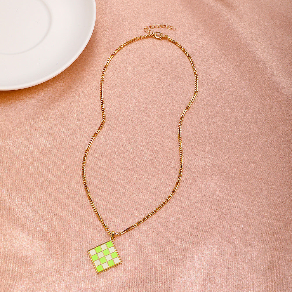 Cross-border New Geometric Square Pendant Necklace Color Dripping Oil Checkerboard Clavicle Chain Necklace