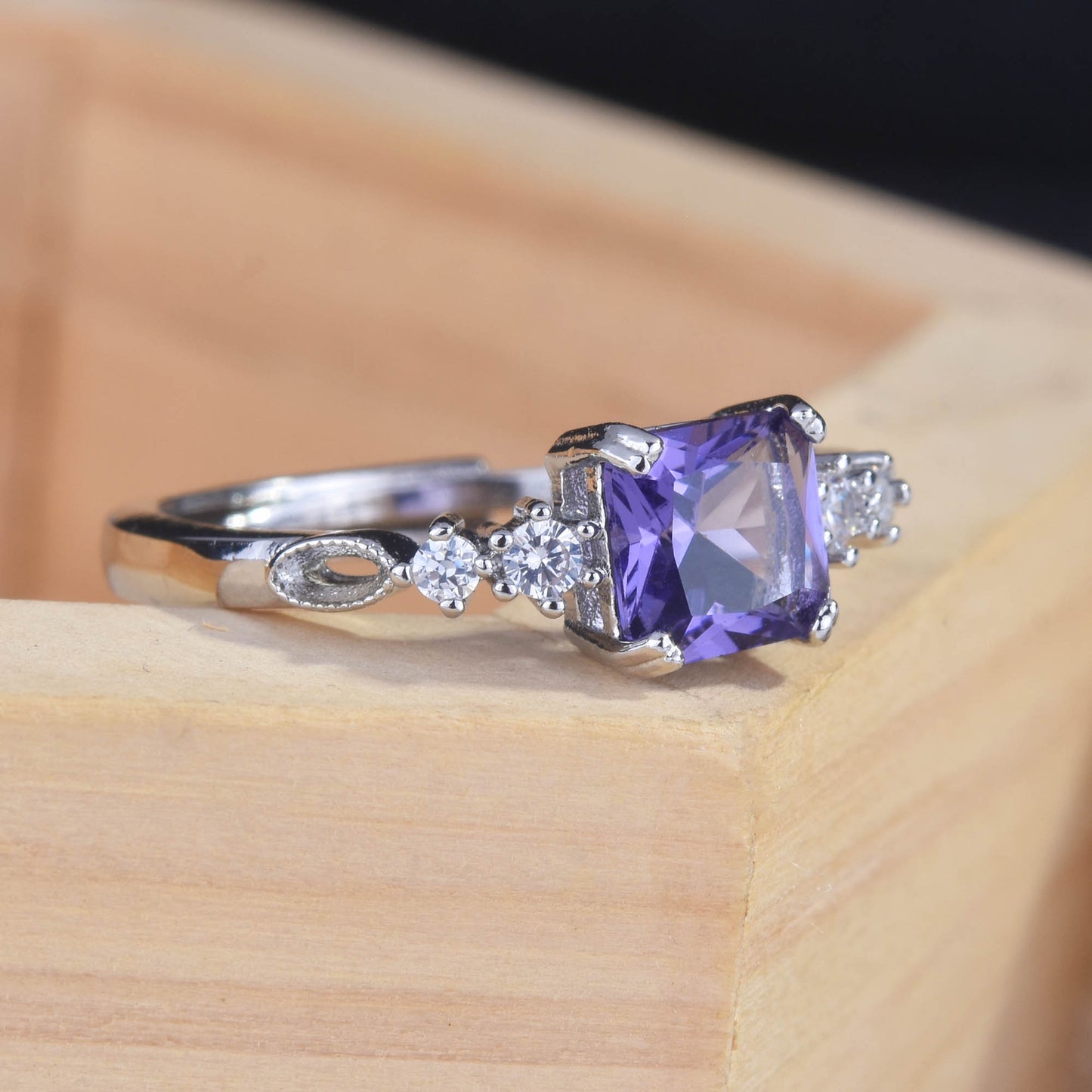 Square Diamond Amethyst Open Ring Small And Versatile Color Treasure Ring
