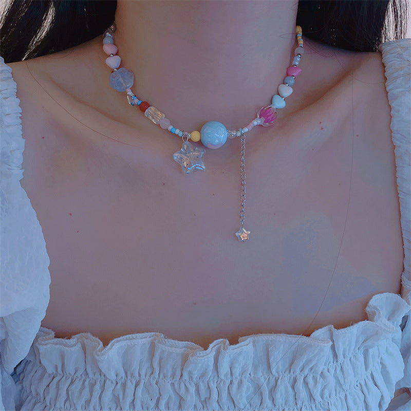 Candy Meteor ~ Colorful Beaded Xingx Necklace Female Design Sense Dopamine Girl Summer Sweet Cool Hot Girl Clavicle Chain