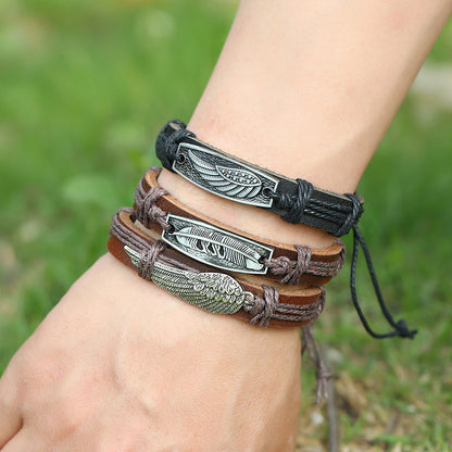 Retro Simple Wings Leaf Feather Woven Cowhide Bracelet Set