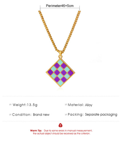 Cross-border New Geometric Square Pendant Necklace Color Dripping Oil Checkerboard Clavicle Chain Necklace