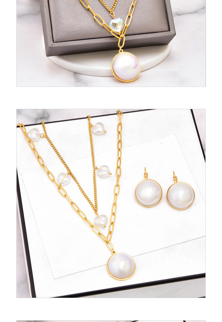 Lady Round Heart Shape Titanium Steel Plating Inlay Artificial Pearls Gold Plated Earrings Necklace