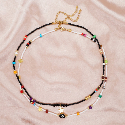 Ethnic Style Star Eye Glass Beaded Necklace